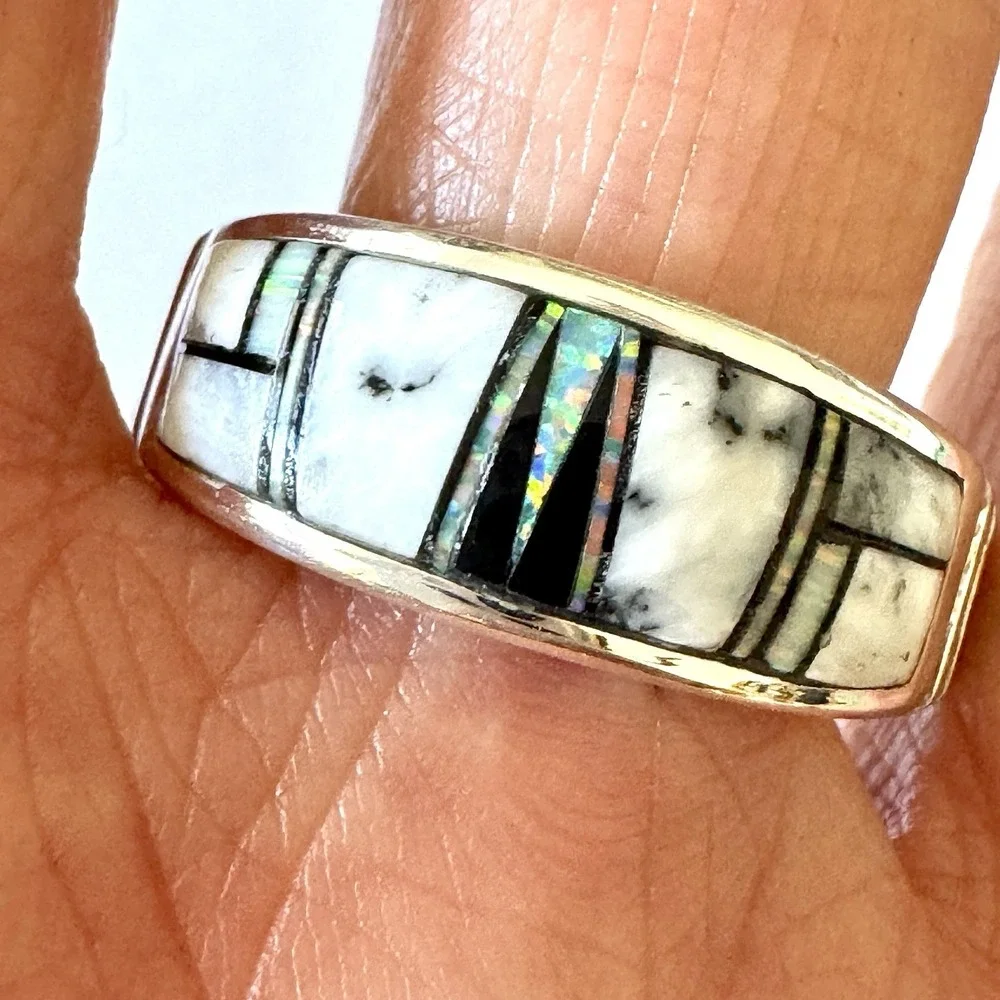 Navajo Wedding Band Sz 12.5 Inlay Ring Opal White Buffalo 10mm Mens Signed Tolin